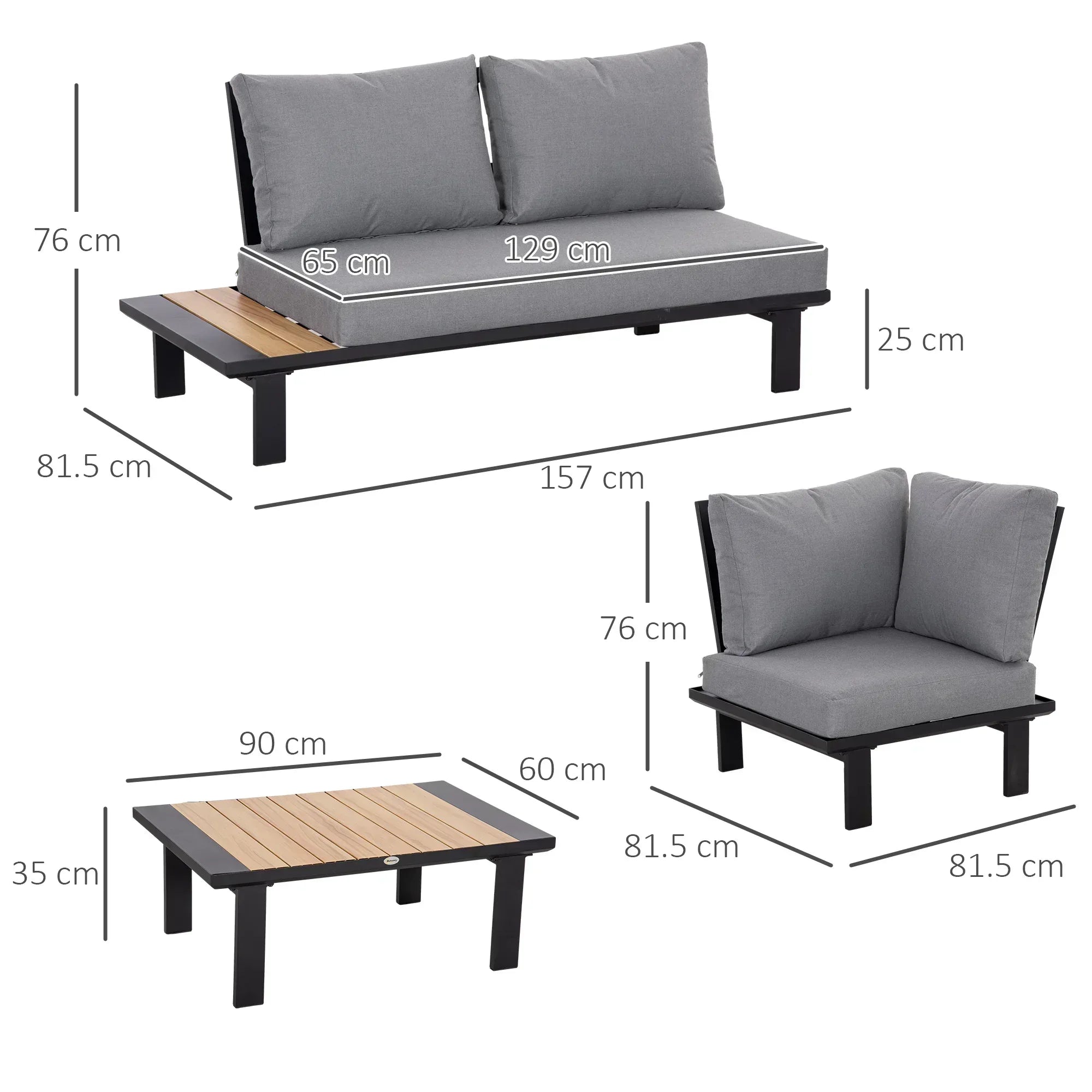 4 Pieces Aluminium Garden Furniture Set L Shape Sofa Set with Tables, Cushions for Indoor, Garden, Patio, Dark Grey - Bobobiy