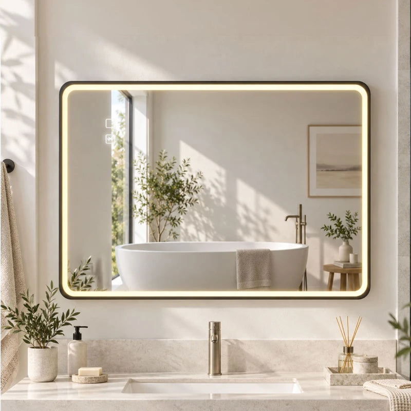 Black rectangle LED bathroom mirror above a bathtub with warm illuminated border