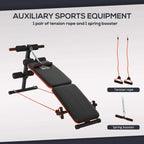 Black sit-up bench with tension rope attachment and spring booster accessory