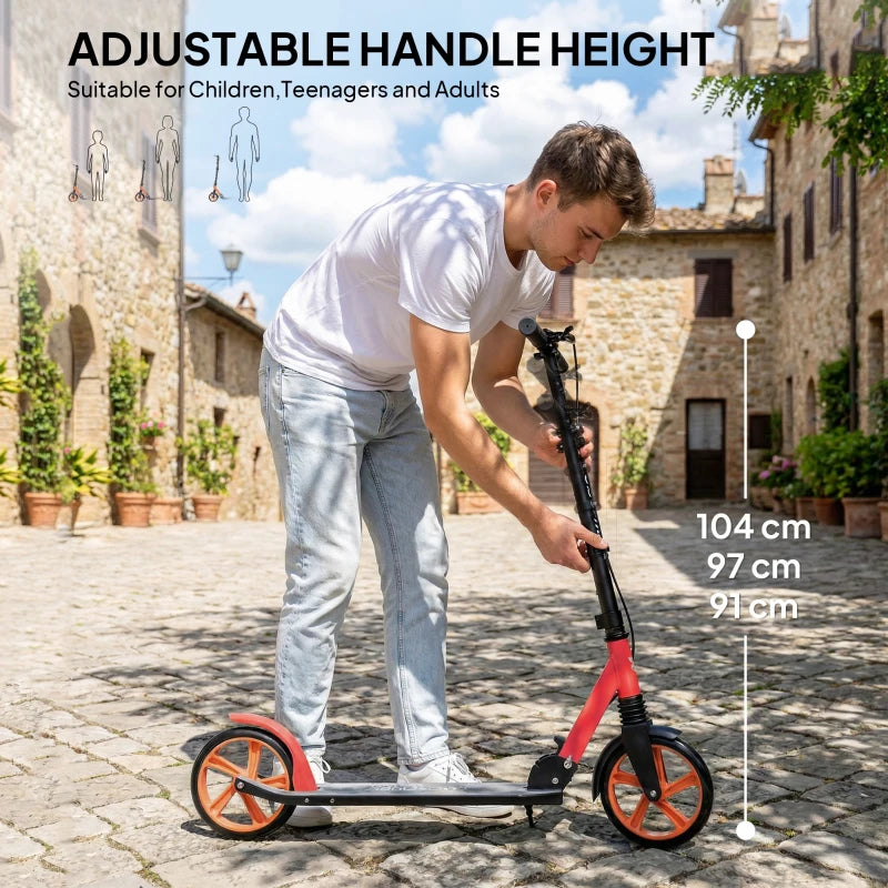 Red and black adjustable handlebar folding kick scooter with orange wheels