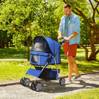 Blue pet stroller with canopy and side window, pushed on four caster wheels