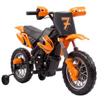 Orange kids electric motorbike with black seat and front handlebar details