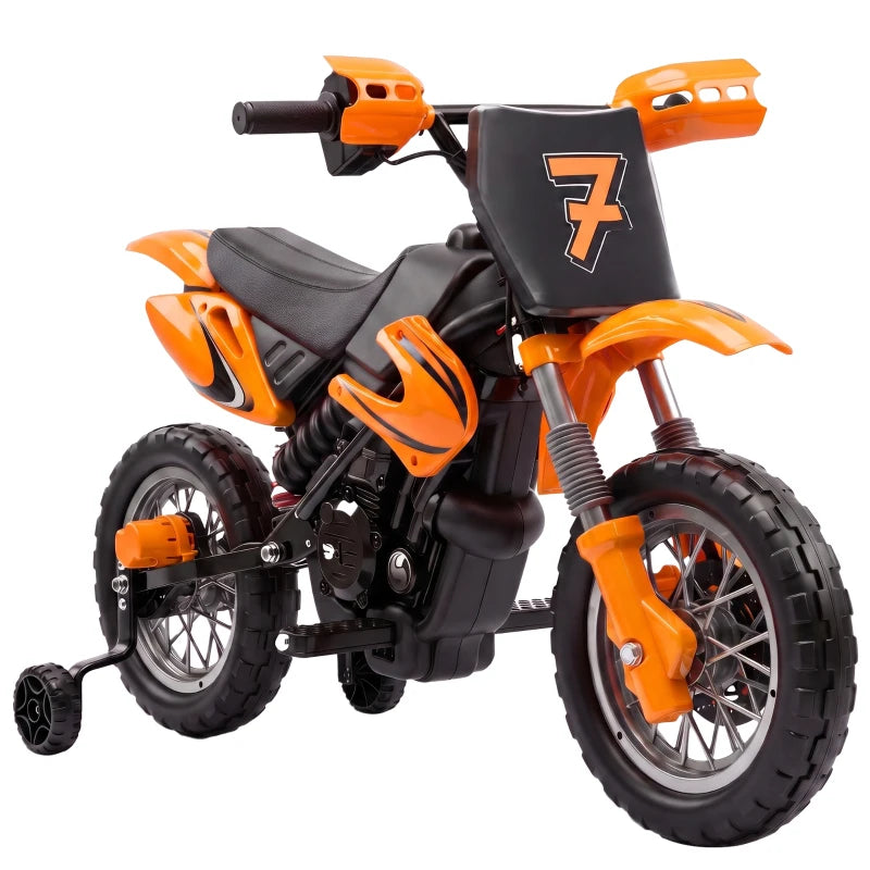 Orange kids electric motorbike with black seat and front handlebar details