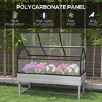 Grey raised garden bed with transparent top panels and mesh frame, raised wooden box