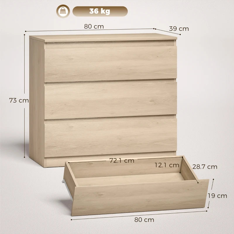 Oak 3-drawer storage chest with dimensions shown; top drawer open with tray.