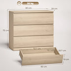 Oak 3-drawer storage chest with dimensions shown; top drawer open with tray.