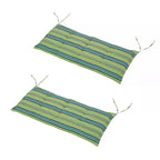 Two green and teal striped cushions with attached tie ropes