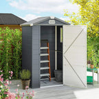 Grey plastic wall shed with double doors open, showing interior shelves