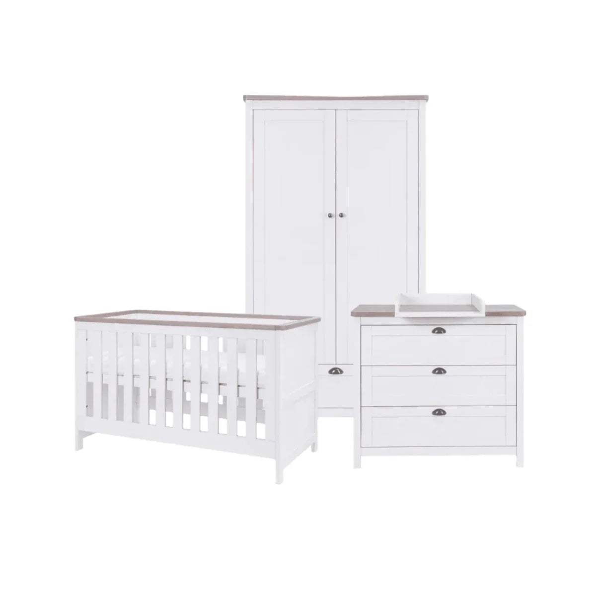 White toddler cot, dresser with three drawers, and matching nightstand