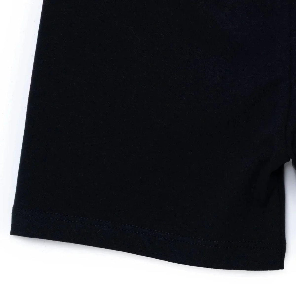 Black jersey baby shorts side view with stitched hem and leg opening edge