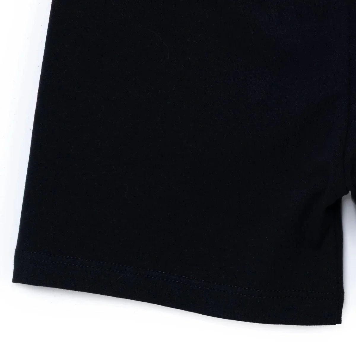 Black jersey baby shorts side view with stitched hem and leg opening edge