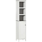 Antique white freestanding tower cabinet with 3 open shelves and a bottom single-door cabinet