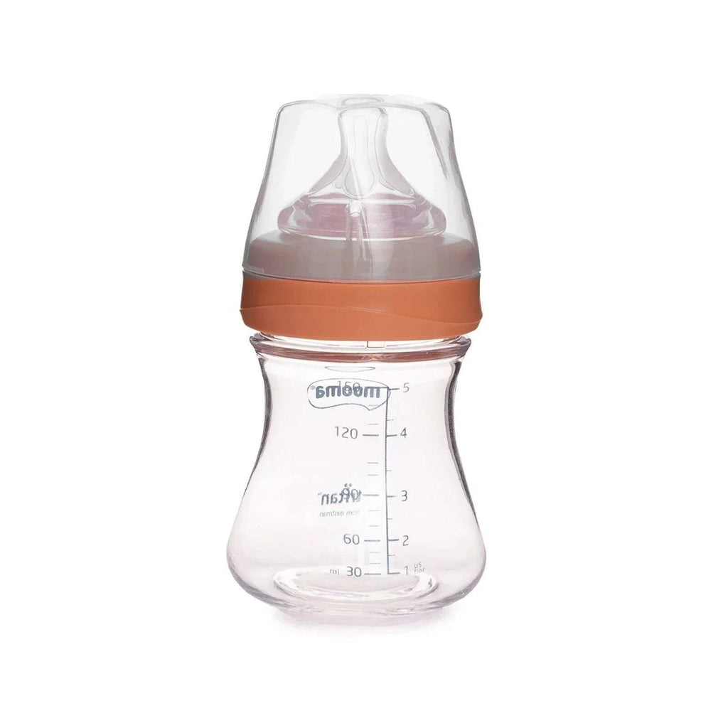 Clear baby bottle with coral collar and measurement markings up to 120ml