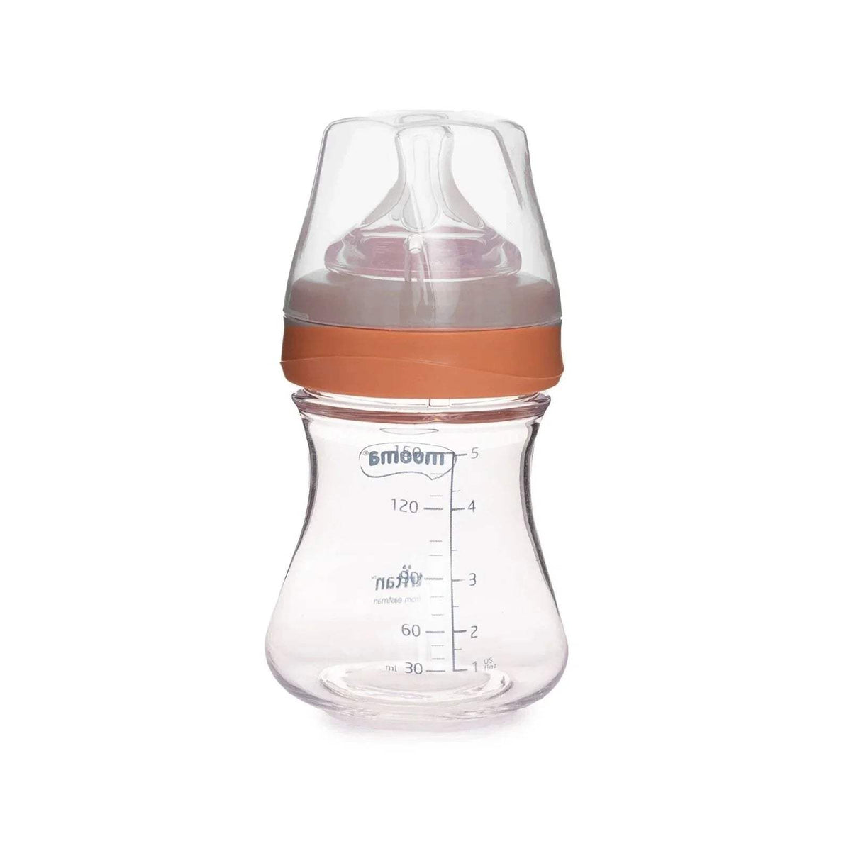 Clear baby bottle with coral collar and measurement markings up to 120ml