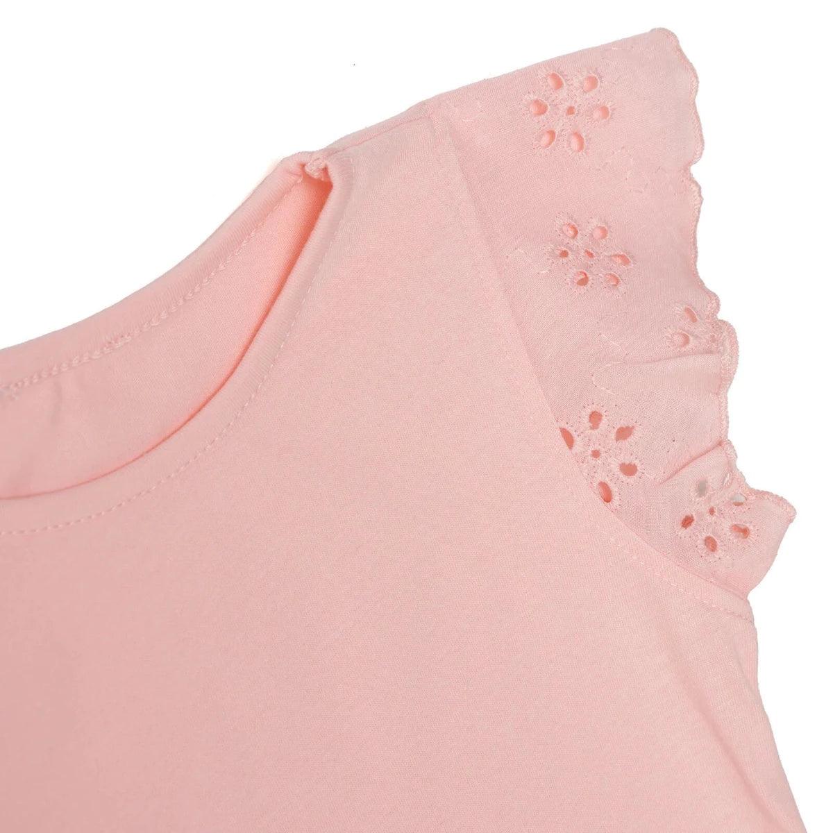 Powder pink jersey baby top shoulder with eyelet lace ruffle trim