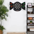 Black electronic dartboard set with LED scoring display and side dart holders