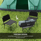 Green dome tent with open entrance and two fold-up chairs on grass