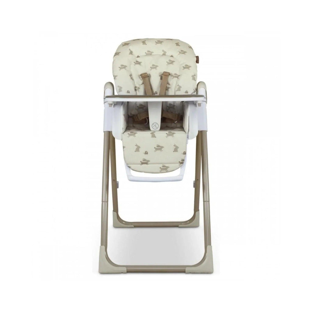 Baby highchair front view with cream animal print cushion and white safety tray.
