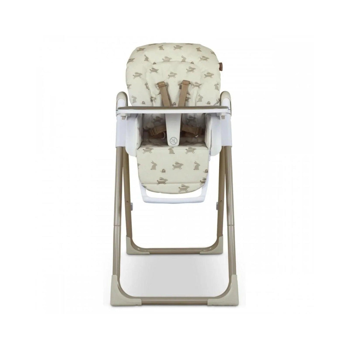 Baby highchair front view with cream animal print cushion and white safety tray.