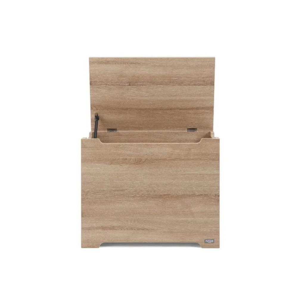 Oak wooden toy box open, showing back panel and hinge hardware