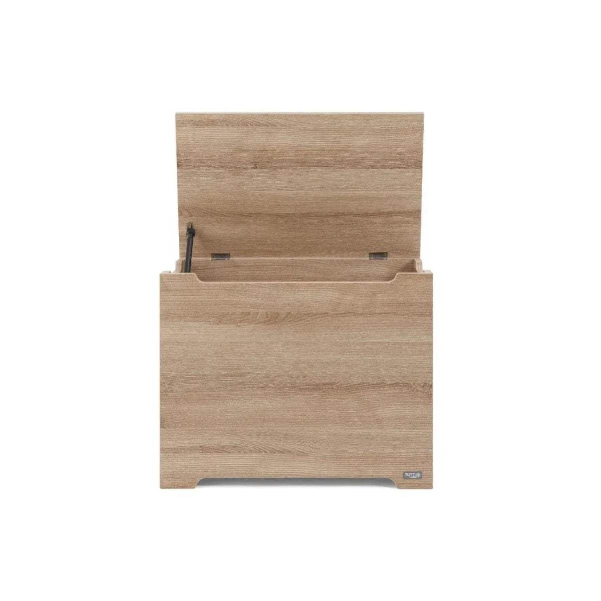 Oak wooden toy box open, showing back panel and hinge hardware