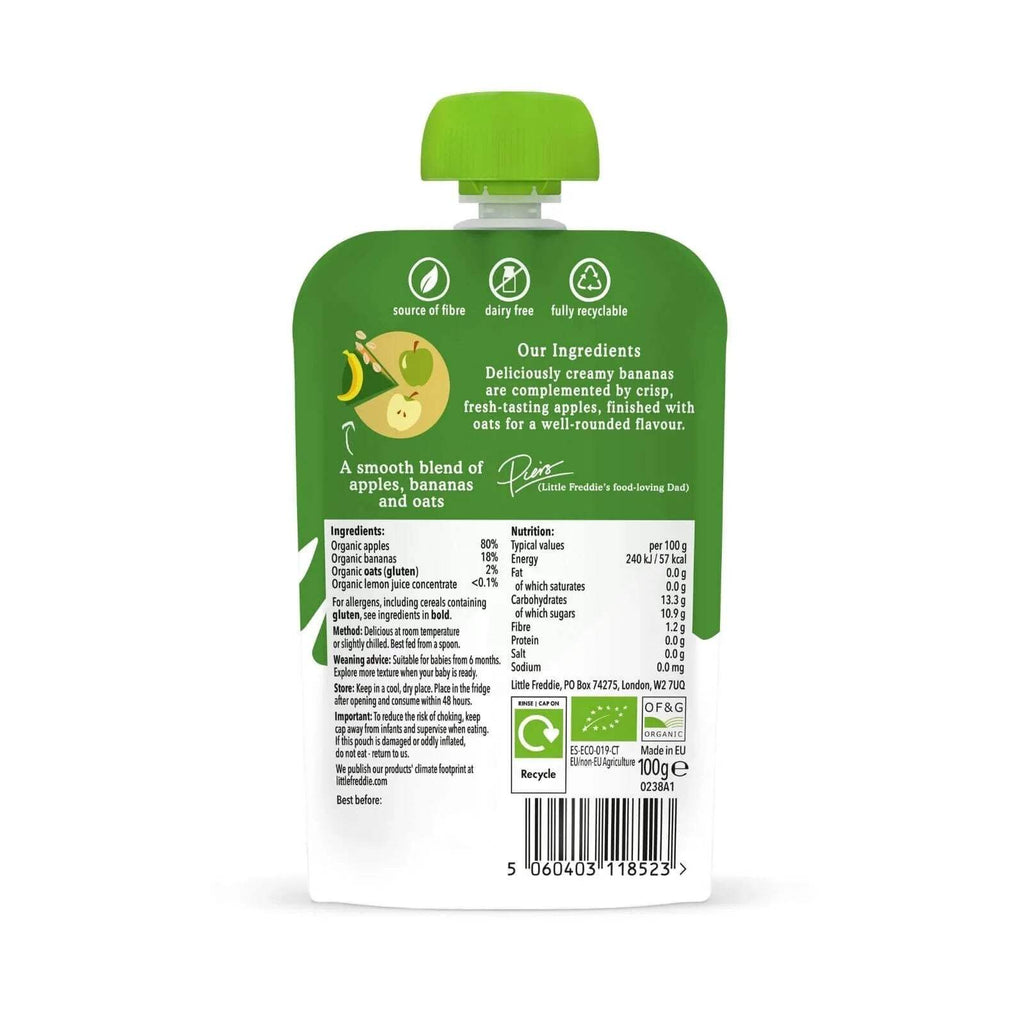 Little Freddie baby food pouch back with ingredients, nutrition panel, and barcode sticker
