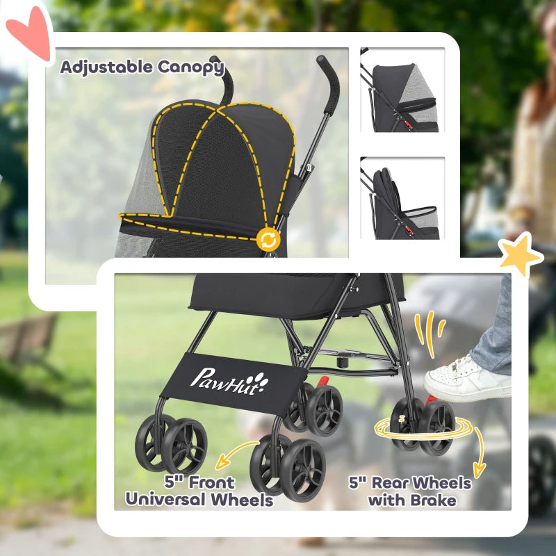 Black pet stroller with adjustable canopy and rear wheels with brake