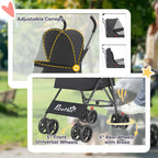 Black pet stroller with adjustable canopy and rear wheels with brake