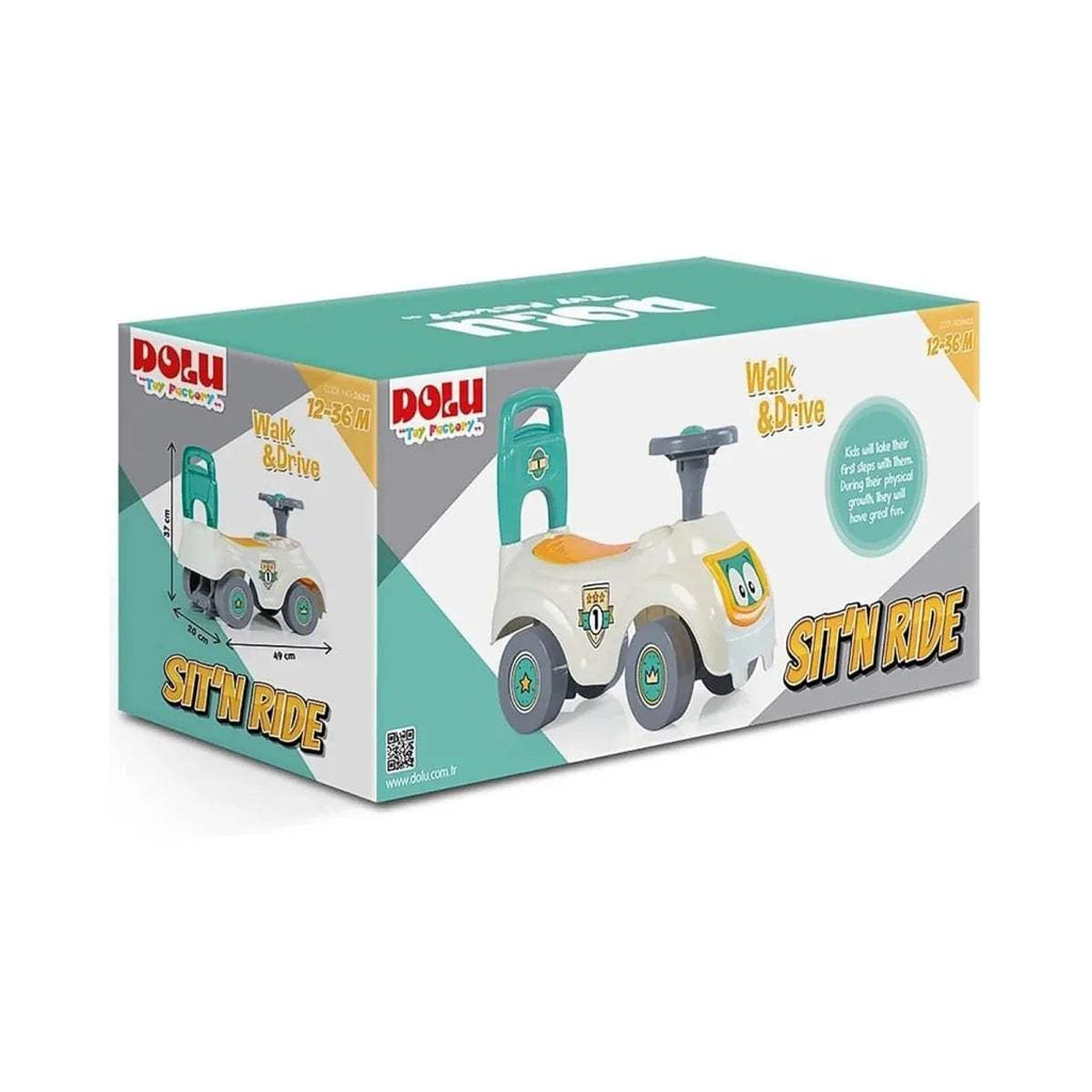 Dolu Sit N Ride-on box for white car with teal handle and gray wheels
