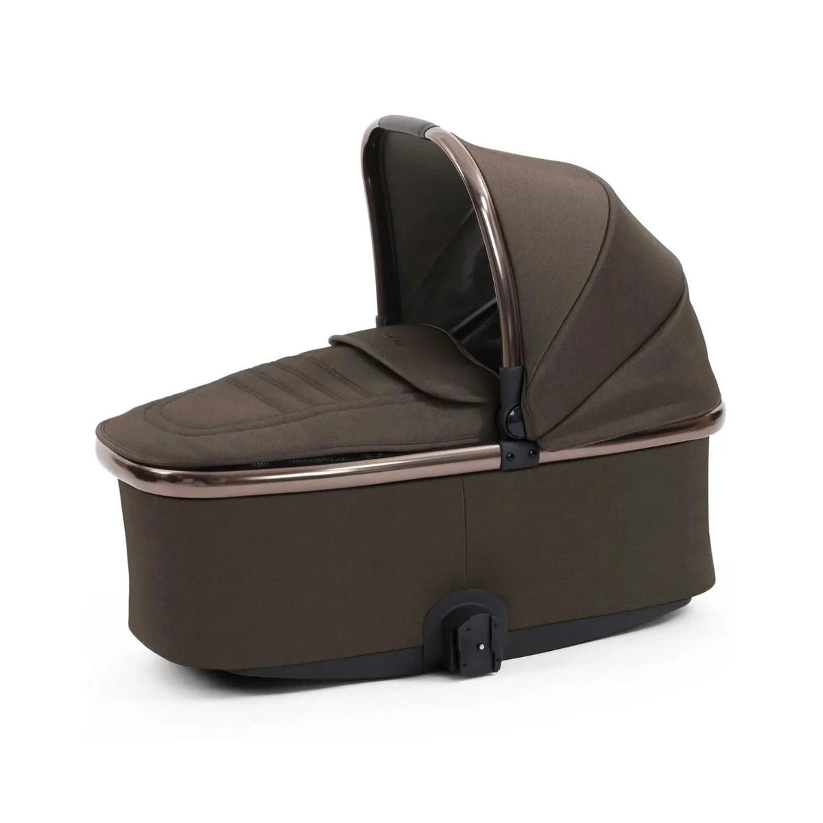 Chocolate velvet carrycot with padded mattress and hood, front-left view