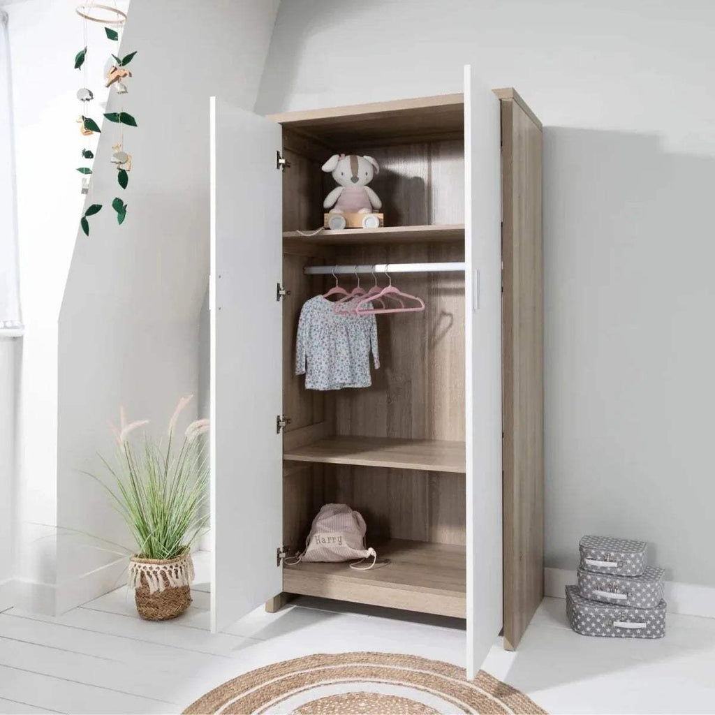 Oak and white wardrobe open with shelves and hanging storage