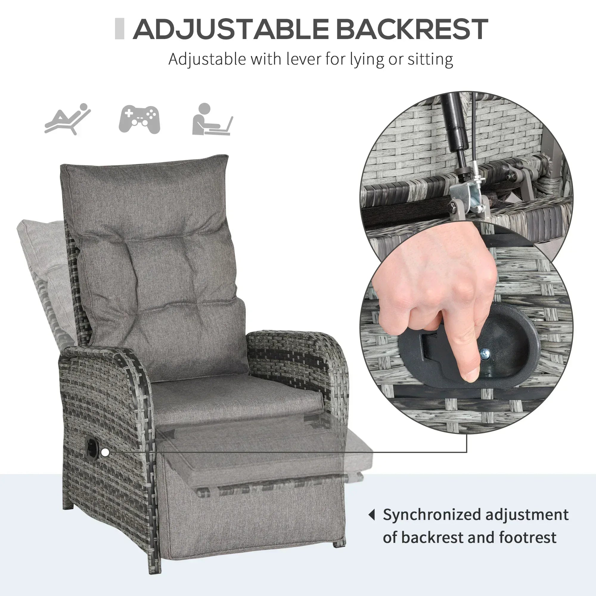 2 Seater Patio Wicker Chaise Lounge Sofa Set with Fabric Cushion, Grey - Bobobiy