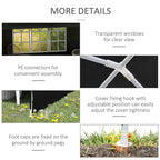 Black party tent gazebo detail view: transparent windows, connectors, hooks, and ground pegs