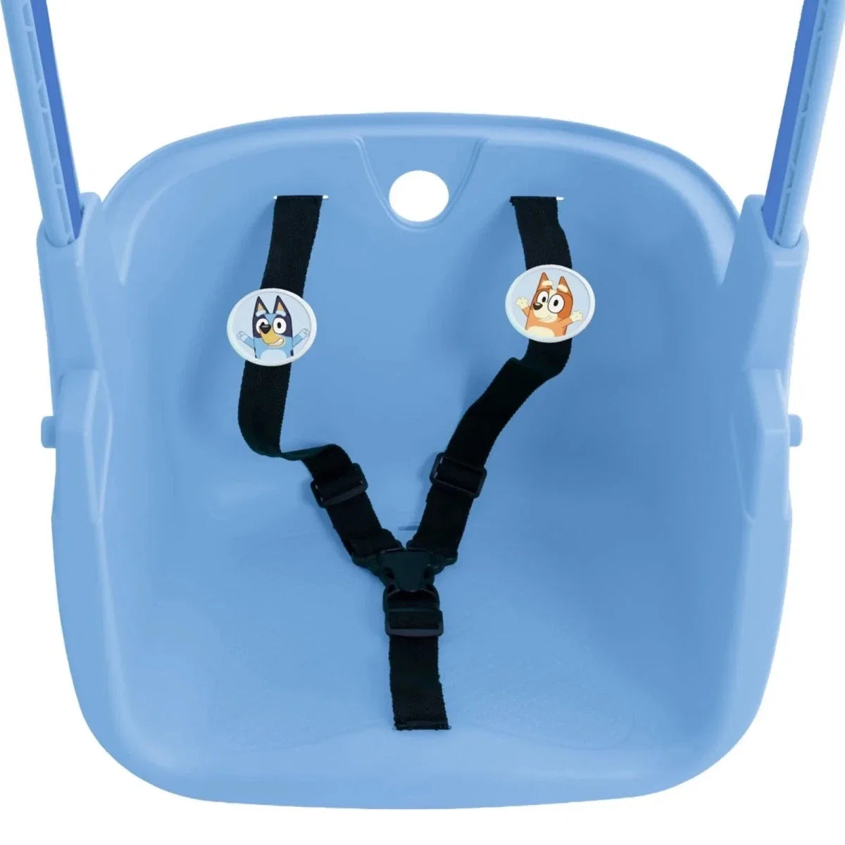 Blue swing seat with black harness straps and character decals