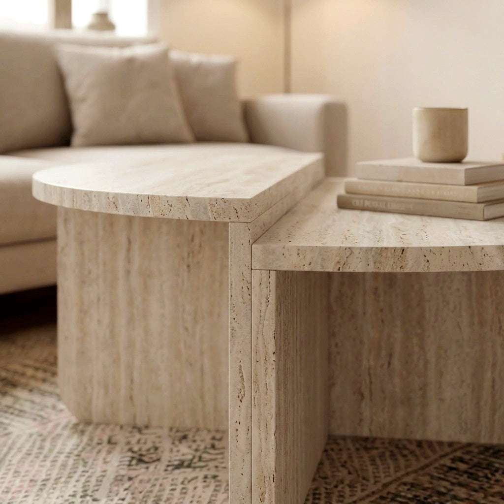 Travertine-look modern coffee table with rounded corners and deep oud wood body