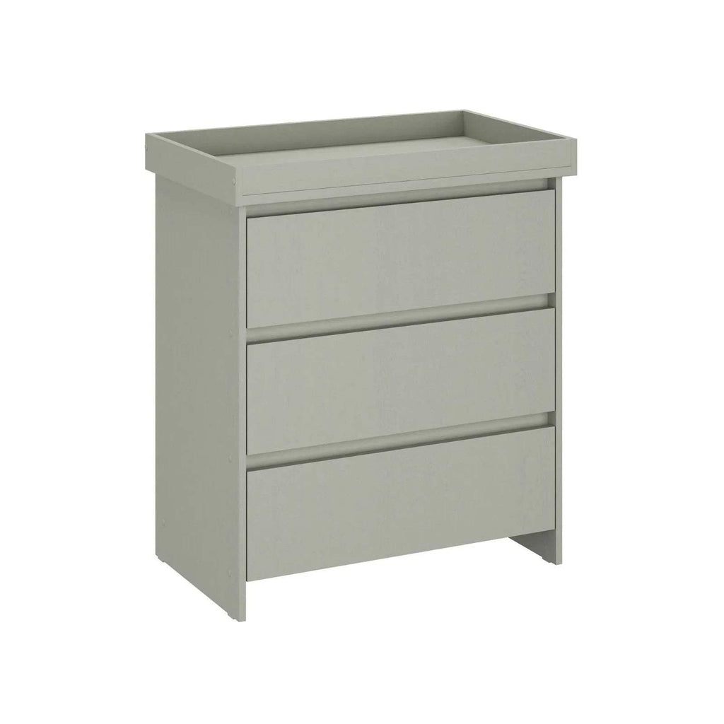 Grey baby changing unit with three-tier drawer fronts on short legs
