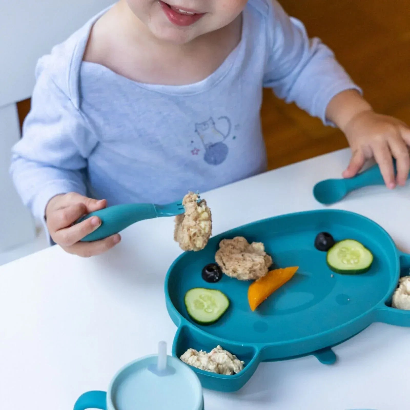 TUM TUM Silicone Weaning Bowl & Spoon Set Boris Bear - Blue - Bobobiy