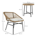 Woven rattan bistro chairs with seat cushions and round wood-topped side table