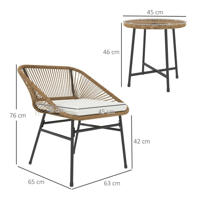 Woven rattan bistro chairs with seat cushions and round wood-topped side table