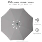 Light grey polyester parasol canopy with vented design to reduce wind stress