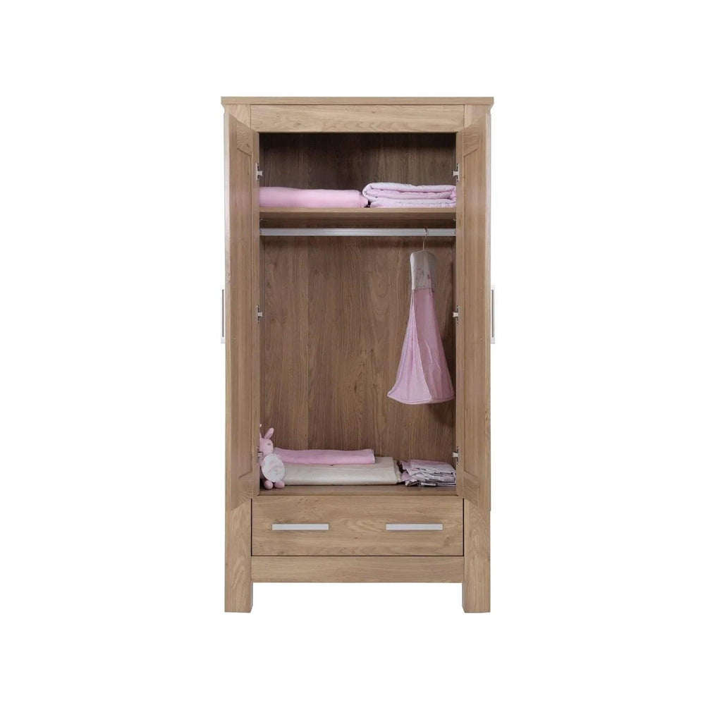 Oak wood wardrobe open view with hanging rail and shelves