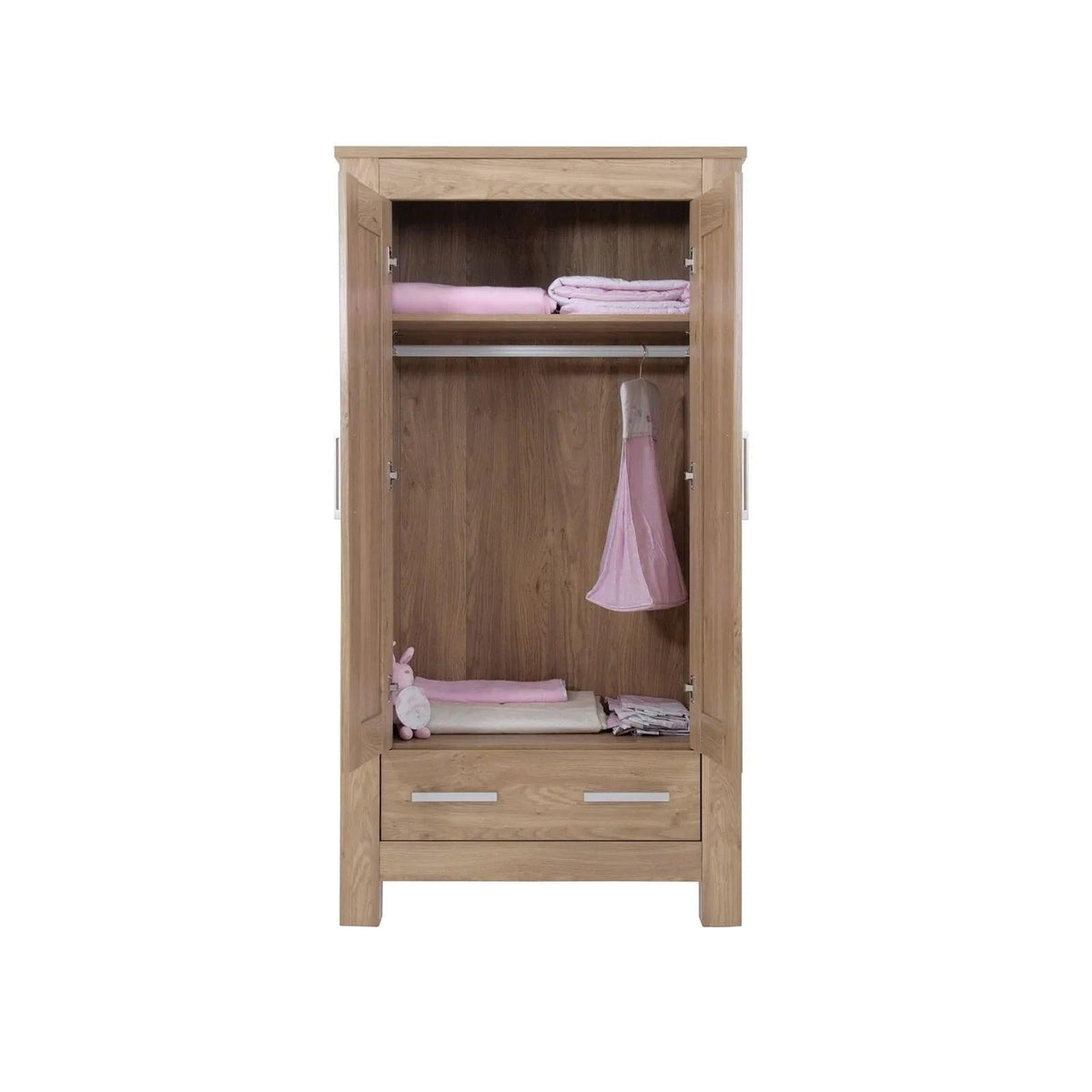 Oak wood wardrobe open view with hanging rail and shelves