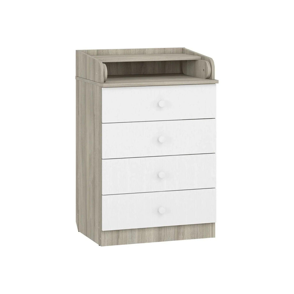 White and elm kids changing dresser with four drawers and raised changing guard