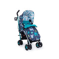 Dragon-themed stroller with teal and dark navy fabric, front canopy and 4 swivel wheels