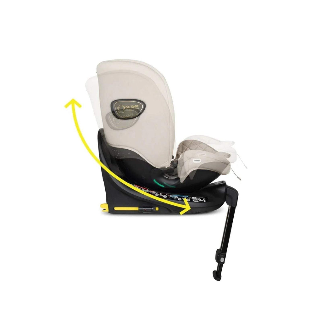 Beige car seat with animal-print cover and padded harness on black base, angled view