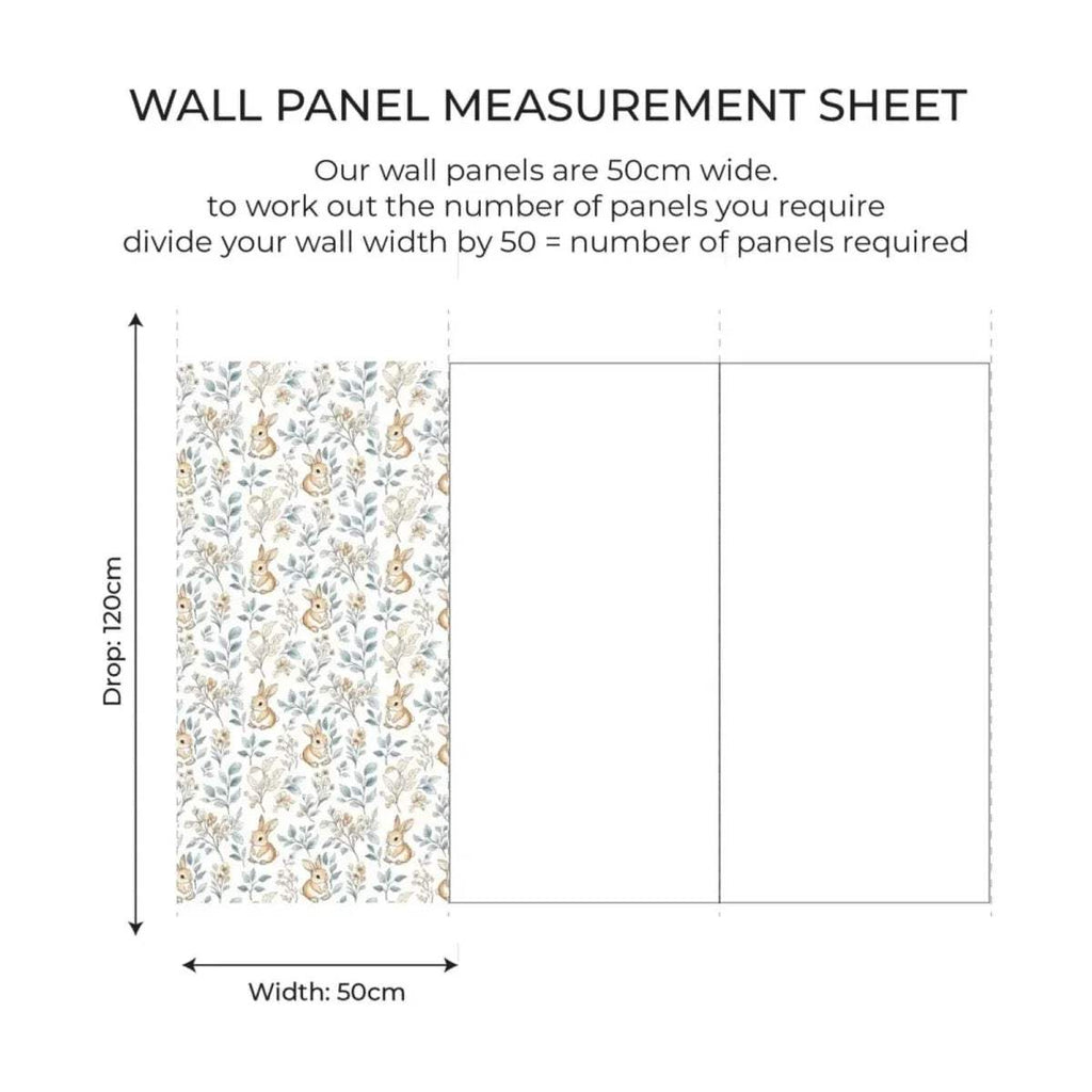 Wall panel measurement sheet: 50cm wide, 120cm drop, divided panel layout
