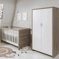 White wardrobe with two doors and oak-toned sides, modern panel design