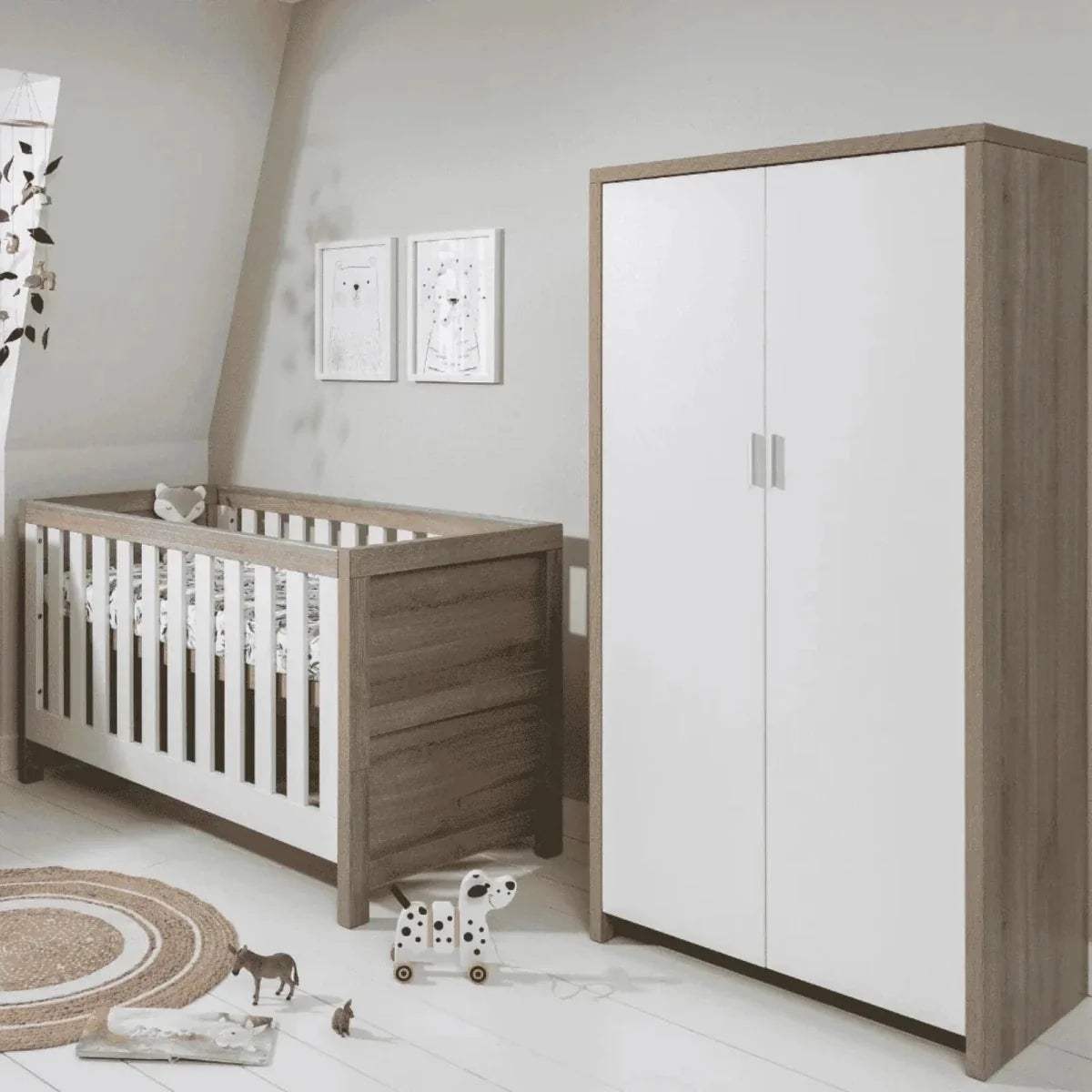 White wardrobe with two doors and oak-toned sides, modern panel design