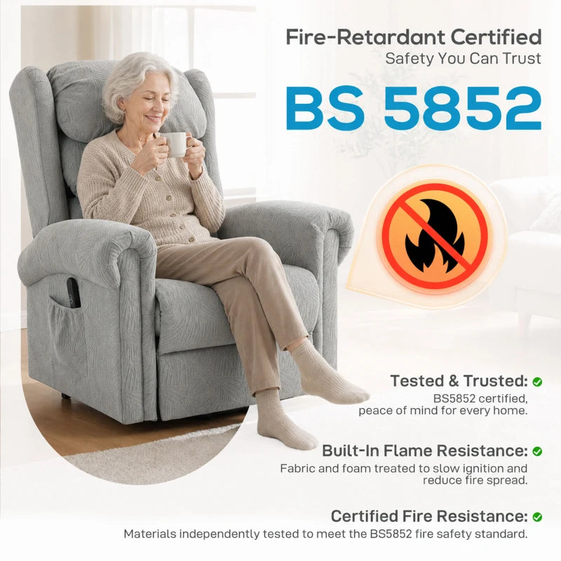 Grey electric riser recliner chair with safety flame-resistance icon