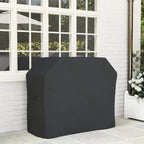 Black protective grill cover with angled top and fitted sides, outdoor patio use.